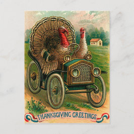 Koppel kalkoenen op een klassieke auto, vintage gr briefkaart