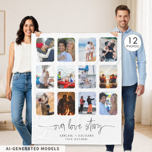 Koppel LIEFDESVERHAAL 12 Foto Collage Namen Aangep Fleece Deken