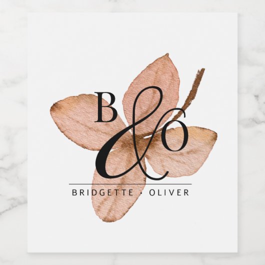 Koppel Modern Monogram Op Rustieke Waterverf Leaf Wijn Etiket (Enkel label)