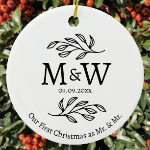 Koppel Monogram Huwelijk Eerste Kerst Mis en Mijnh Keramisch Ornament