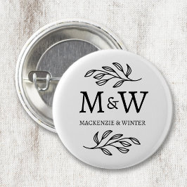 Koppel Monogram Namen Huwelijk Elegant Botanisch Ronde Button 3,2 Cm