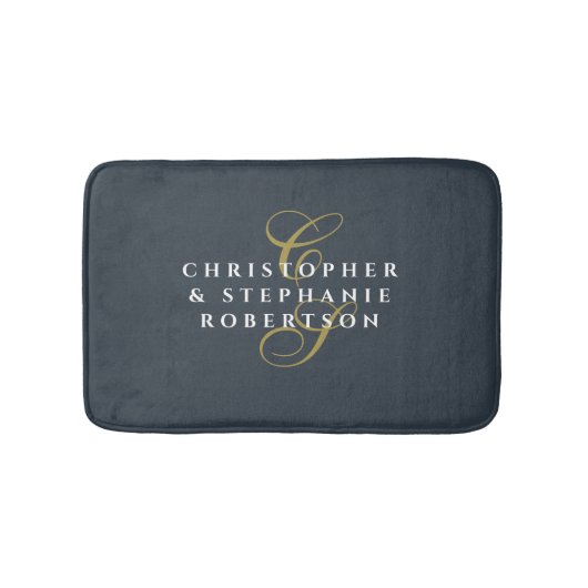 Koppel Monogram Navyblauw Goud Wit Minimalistisch Badmat (Voorkant)