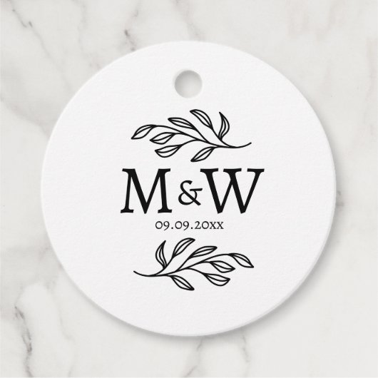 Koppel Monogram Trouwdatum Elegant Botanisch Bedankjes Labels (Voorkant)