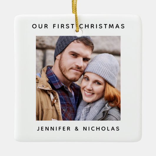 Koppel onze eerste kerstfoto keramisch ornament (Voorkant)