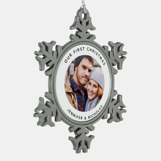 Koppel onze eerste kerstfoto tin sneeuwvlok ornament (Links)