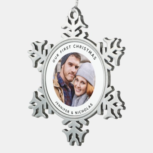 Koppel onze eerste kerstfoto tin sneeuwvlok ornament (Rechts)