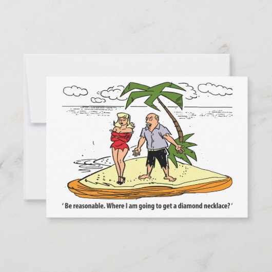 Koppel op een onbewoond eiland, grappig save the date (Voorkant)
