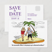 Koppel op een onbewoond eiland, grappig save the date (Voorkant / Achterkant)