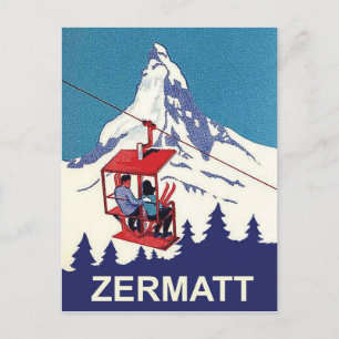 Koppel op een skilift in Zermatt, vintage reis Briefkaart