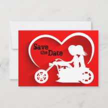Koppel op motorfiets Save the Date Huwelijk