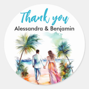 Koppel op strand bruiloft aquarel   Cadeaus Ronde Sticker