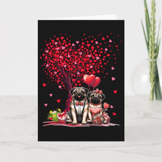 Koppel Pugs Cotume Valentijnsdag Boom Cute Hart Kaart (Voorkant)
