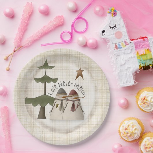 Koppel Sneeuwpoppen met Plaid - 'Liefde Laat Sneeu Papieren Bordje (Feest)