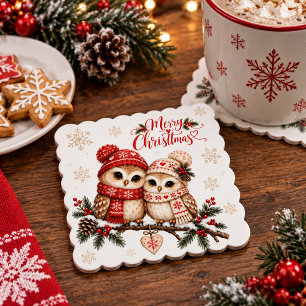 Koppel Sneeuwuil Scandinavische Kerstfeest Kartonnen Onderzetters
