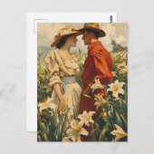 Koppel te midden van witte lelies romantische vint briefkaart (Voorkant / Achterkant)