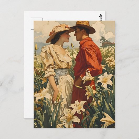 Koppel te midden van witte lelies romantische vint briefkaart (Voorkant / Achterkant)