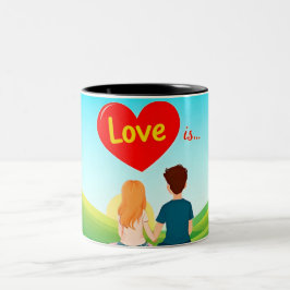 Koppel zittend op een bankje met liefdestitel tweekleurige koffiemok