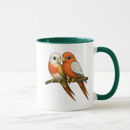 Koppeling van gekleurde vogels oranje en geperste mok