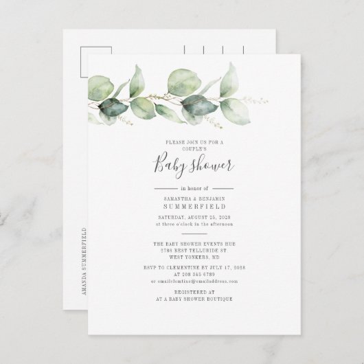 Koppels Baby shower Eucalyptus Greenery Leaves Uitnodiging Briefkaart (Voorkant / Achterkant)