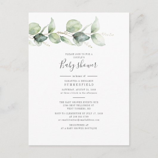Koppels Baby shower Eucalyptus Greenery Leaves Uitnodiging Briefkaart (Voorkant)