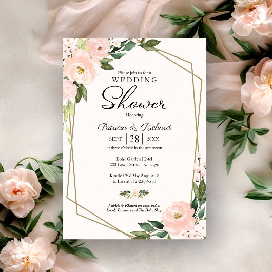 Koppels Bruiloft Roze Blush Bloem Geometrisch Kaart