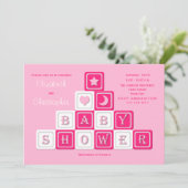 Koppels Coed Baby shower Invitation Roze Blocks Kaart (Staand voorkant)