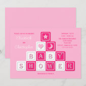 Koppels Coed Baby shower Invitation Roze Blocks Kaart (Voorkant / Achterkant)