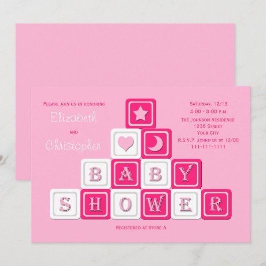 Koppels Coed Baby shower Invitation Roze Blocks Kaart (Voorkant / Achterkant)