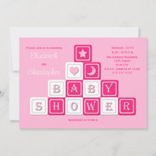 Koppels Coed Baby shower Invitation Roze Blocks Kaart