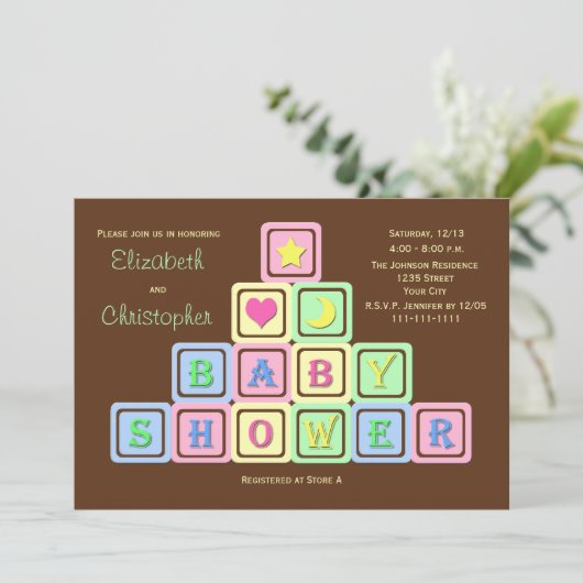 Koppels Coed Baby shower Uitnodiging Baby Blocks (Staand voorkant)