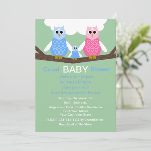 Koppels Coed Boy Baby shower Uitnodiging Uilen (Staand voorkant)