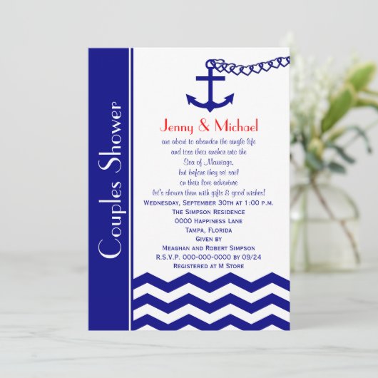 Koppels Coed Bruiloft Douche Uitnodigingen Marine  (Staand voorkant)