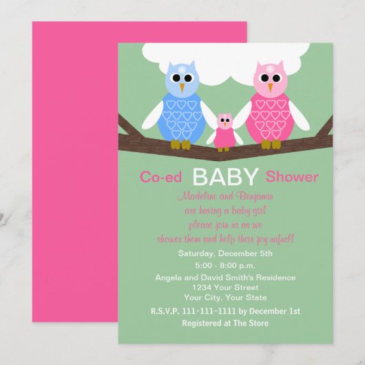 Koppels Coed Meisje Baby shower Uitnodiging Uilen (Voorkant / Achterkant)