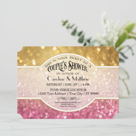 Koppels Douche Bokeh Film Ticket Stijl Goud Roze Kaart (Staand voorkant)