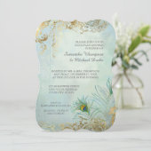 Koppels Douche Gouden Blad Peacock Veren Elegant Kaart (Staand voorkant)