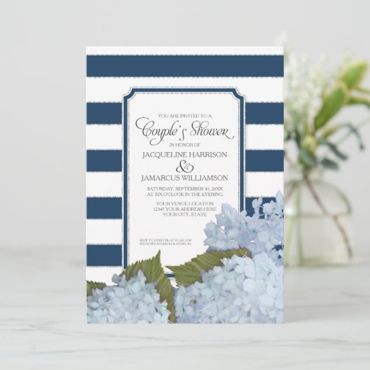 Koppels Douche Marine Blauwe Hydrangea Script Art  Kaart (Staand voorkant)