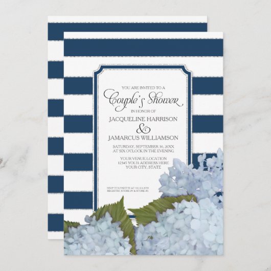 Koppels Douche Marine Blauwe Hydrangea Script Art  Kaart (Voorkant / Achterkant)