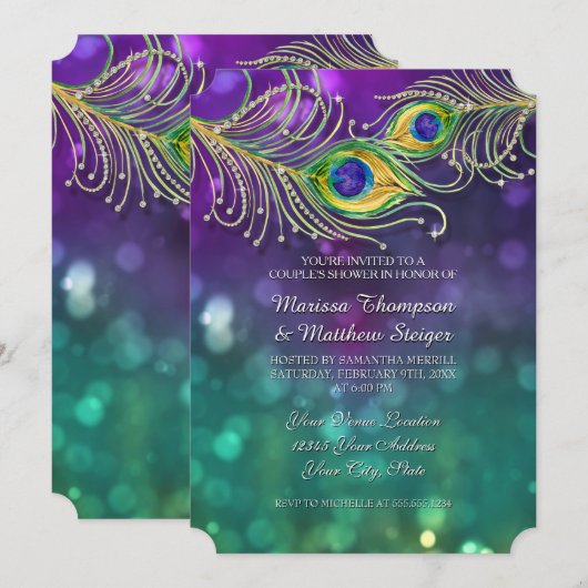 Koppels Douche Peacock Feather Jeweled Feathers Kaart (Voorkant / Achterkant)