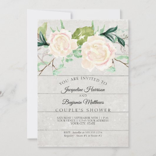 Koppels Douche Rustiek Hout Waterverf Ivoor Rozen Kaart (Voorkant)