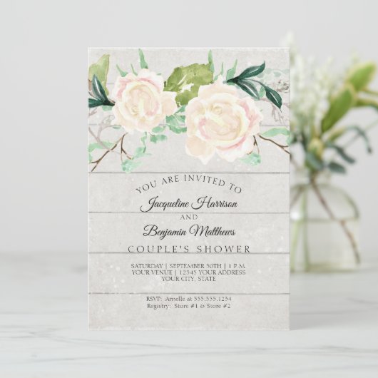 Koppels Douche Rustiek Hout Waterverf Ivoor Rozen Kaart (Staand voorkant)