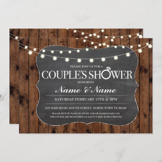 Koppels Douche Rustiek Houten Krijt Verloving Invi Kaart (Voorkant / Achterkant)