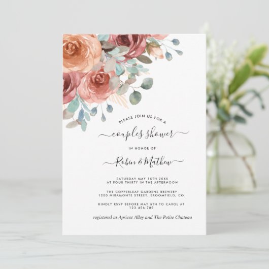 Koppels douche, stoffig blauw, perzik etherische b kaart (Staand voorkant)