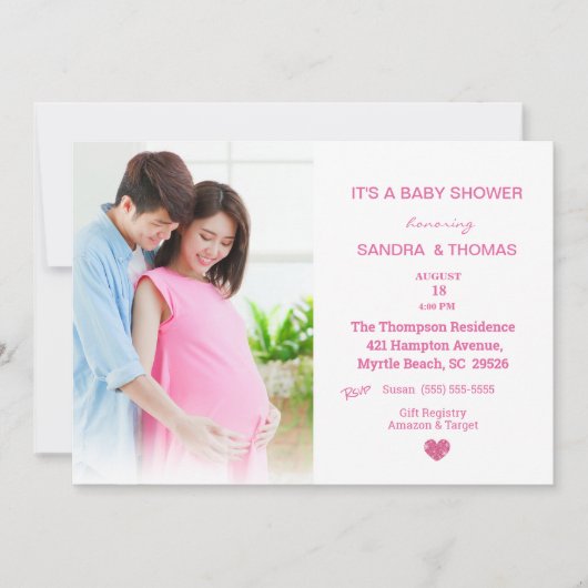 Koppels Foto Roze Baby shower Uitnodiging (Voorkant)