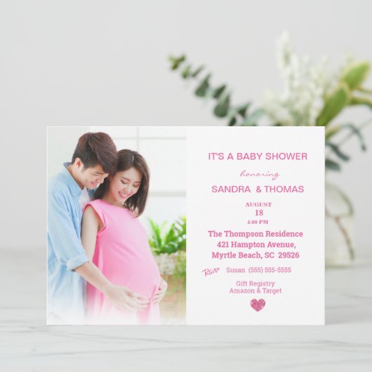 Koppels Foto Roze Baby shower Uitnodiging (Staand voorkant)