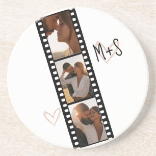 Koppels Initialen 3 Foto Filmstrip met harten Zandsteen Onderzetter
