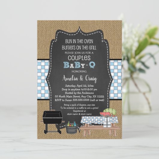 Koppels JONGEN Baby Q, burgers op de grill Kaart (Staand voorkant)