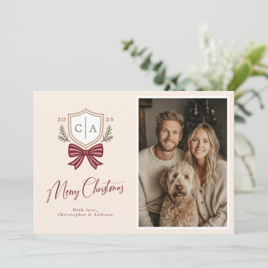 Koppels Monogram Initialen Boog Foto Kerst Kaart (Staand voorkant)