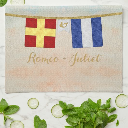 Koppels Monogram Maritime Signal Flags Waterverf Theedoek (Gevouwen)