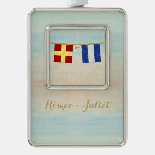 Koppels Monogram Maritime Signal Flags Waterverf Verzilverd Omlijst Ornament (Voorkant)