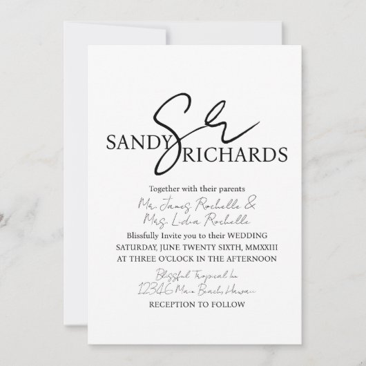 Koppels monogrammed Black White Script Wedding Kaart (Voorkant)
